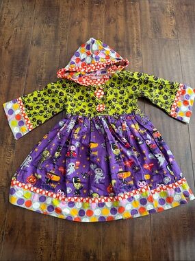 Jelly The Pug Purple & Green Halloween Hooded Dress with Colorful Polka Trim